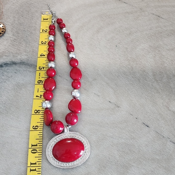 Radiant Red Beaded Statement Necklace with Silver Accents and Large Pendant - Picture 8 of 8